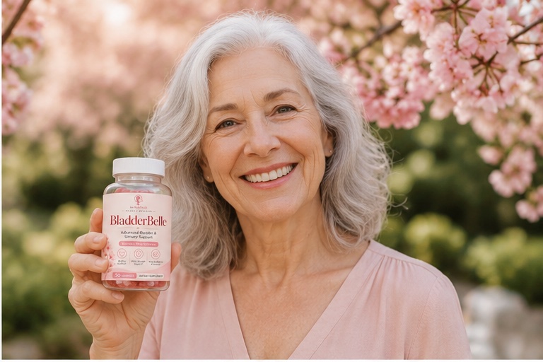 Smiling woman holding a BladderBelle bottle beneath cherry blossoms